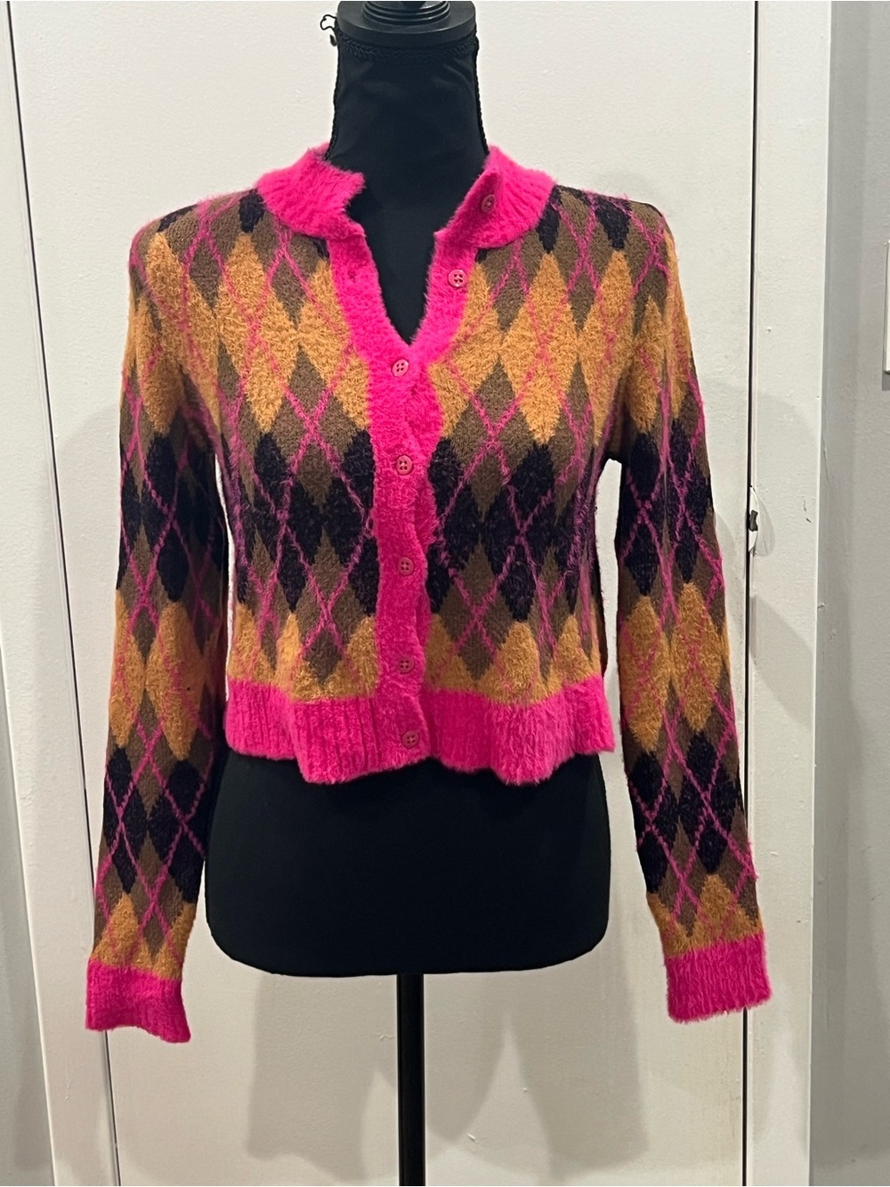 Topshop Bright Pink and Brown Fuzzy Knit Sweater